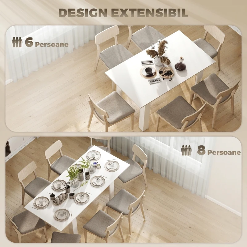 HOMCOM Masă Extensibilă de Luat Masa pentru 6-8 Persoane, 140-180 x 80 cm, Alb