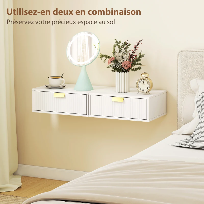 HOMCOM Lot de 2 tables de chevet murales, tables de nuit suspendues avec tiroir ondulé, 40 x 30 x 15 cm, blanc
