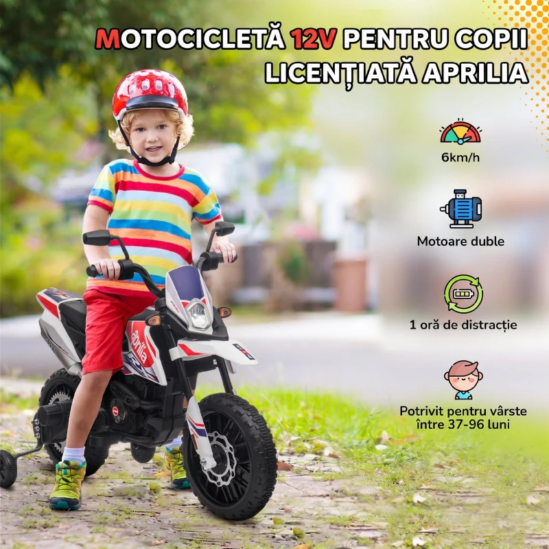 AIYAPLAY Motocicletă electrică pentru copii 12V, 37-96 luni, 2 motoare, roți ajutătoare detașabile, 30 kg, albă