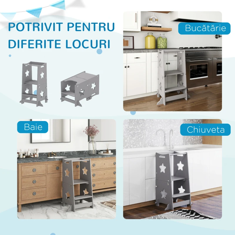 AIYAPLAY Scară Montessori Convertibilă în Set de Masă și Scaune cu Bară de Siguranță, din Lemn, 60x44.5x86 cm, Gri