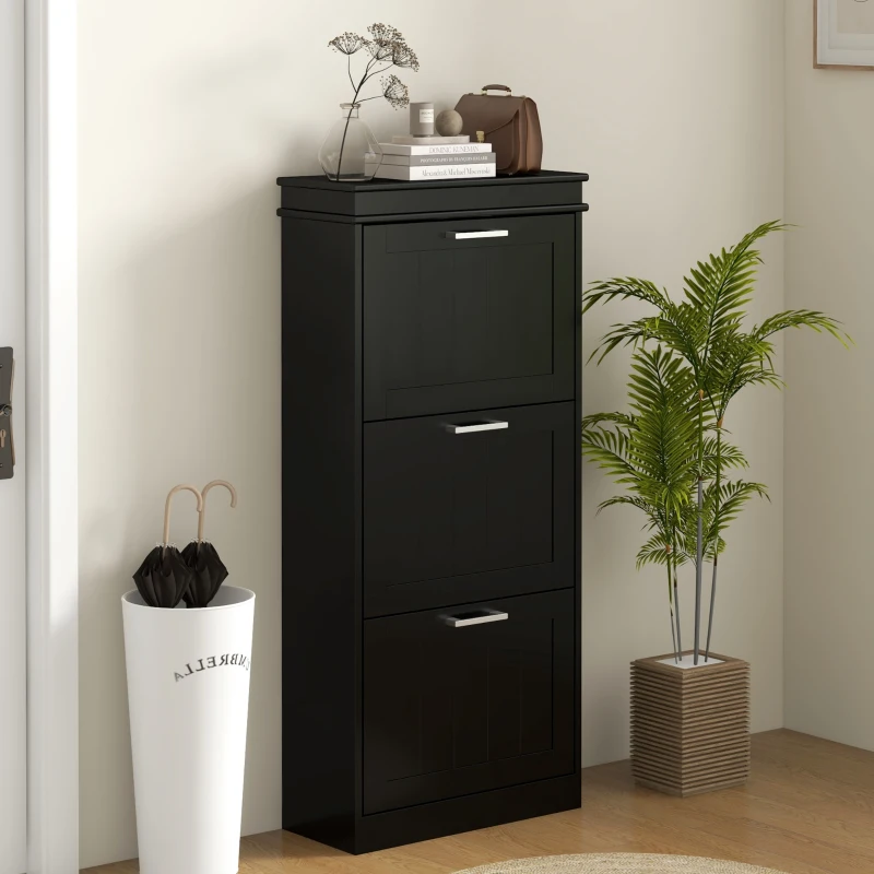 HOMCOM Dulap Modern pentru Pantofi cu 3 Sertare Rabatabile pentru 15 Perechi de Pantofi și Raft Reglabil, 54x24x117.5cm, Negru