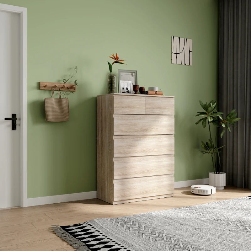 HOMCOM Commode 6 tiroirs meuble de rangement sans poignées design minimaliste 80 x 39 x 115 cm bois naturel