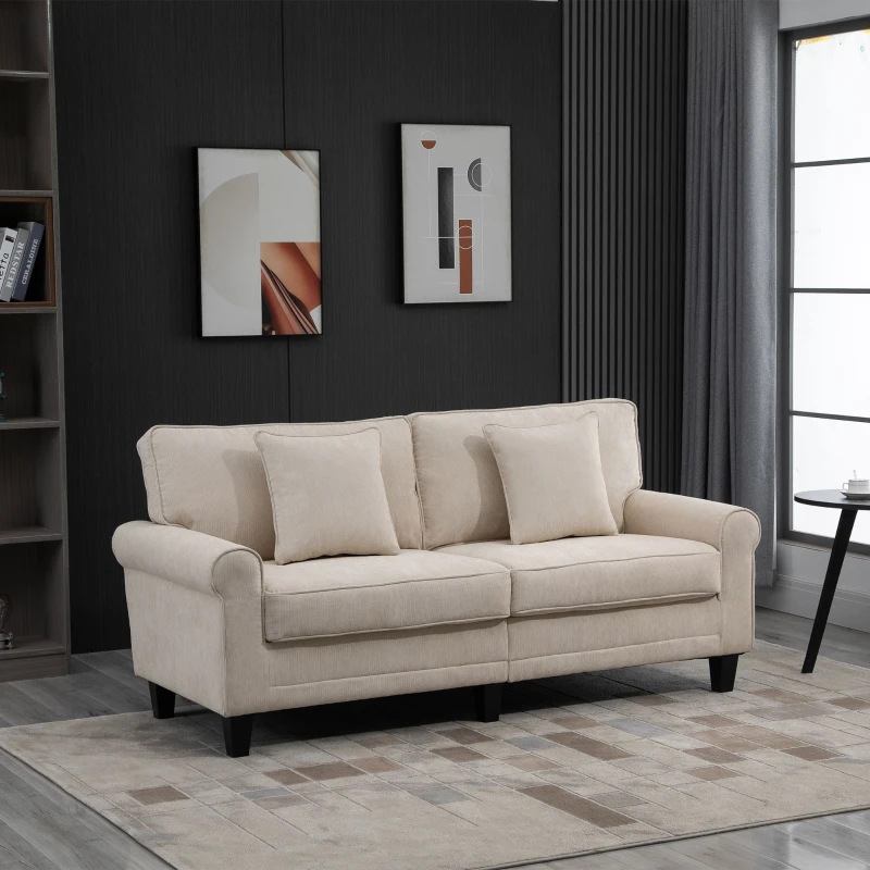 HOMCOM Canapé 3 places en tissu velours côtelé, canapé salon, 197 cm, avec accoudoirs et dossier rembourrées, canapé avec 2 oreillers, pieds en bois massif de pin, pour salon, chambre, bureau, beige