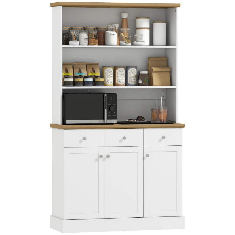 HOMCOM Cămară de Bucătărie cu 3 Rafturi Deschise, 3 Sertare și 2 Dulapuri, din Lemn, 101x39x180.5 cm, Alb și culoare Lemn