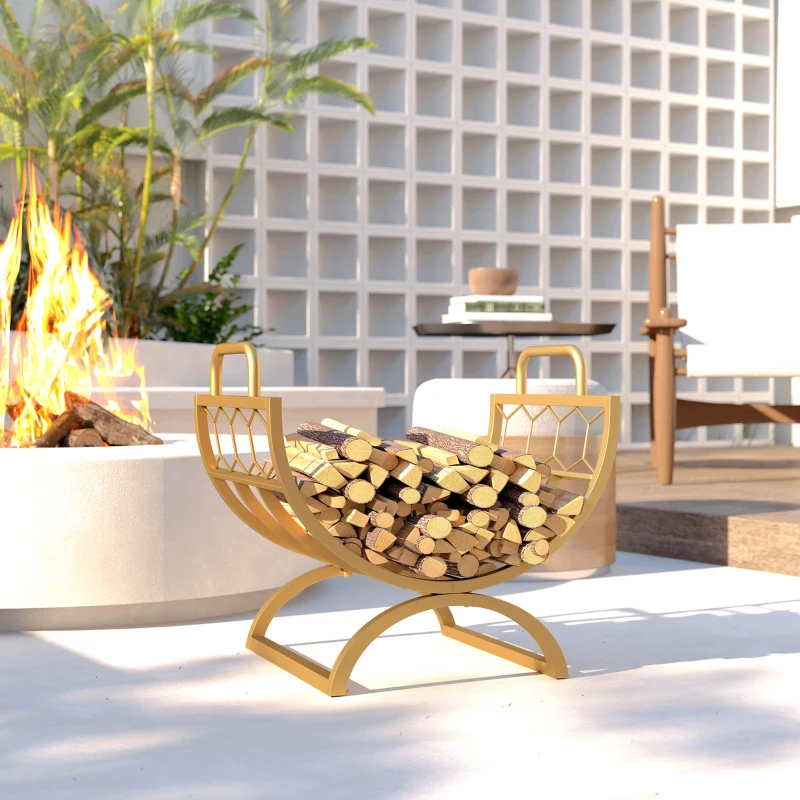 Outsunny Kaminholzregal für innen 46 x 36 x 41cm Brennholzregal für Kamin Ofen Metall Gold