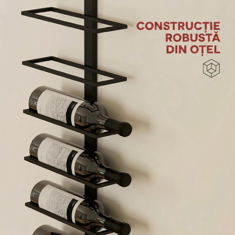 HOMCOM Suport de sticle de perete cu 10 rafturi din oțel, negru, pentru 10 sticle, 27x10x116 cm