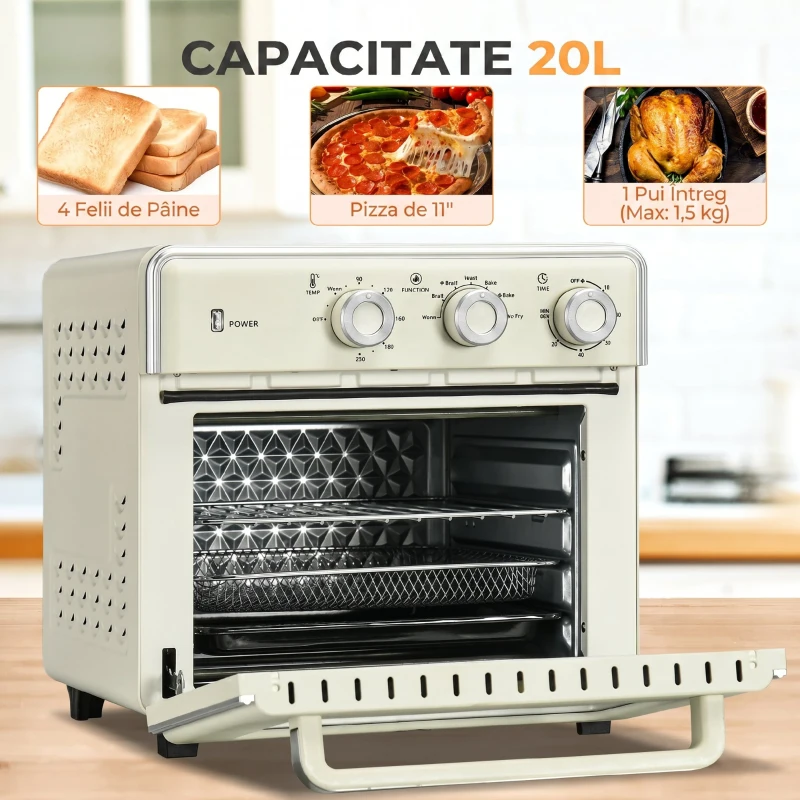 HOMCOM Mini Cuptor 5-in-1, Capacitate 20 L, 1400W, 1 Grătar, 1 Tavă, Timer 60 Min