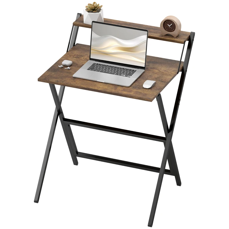 HOMCOM 70 cm Folding Computer Desk with Monitor Shelf - Rustic Brown