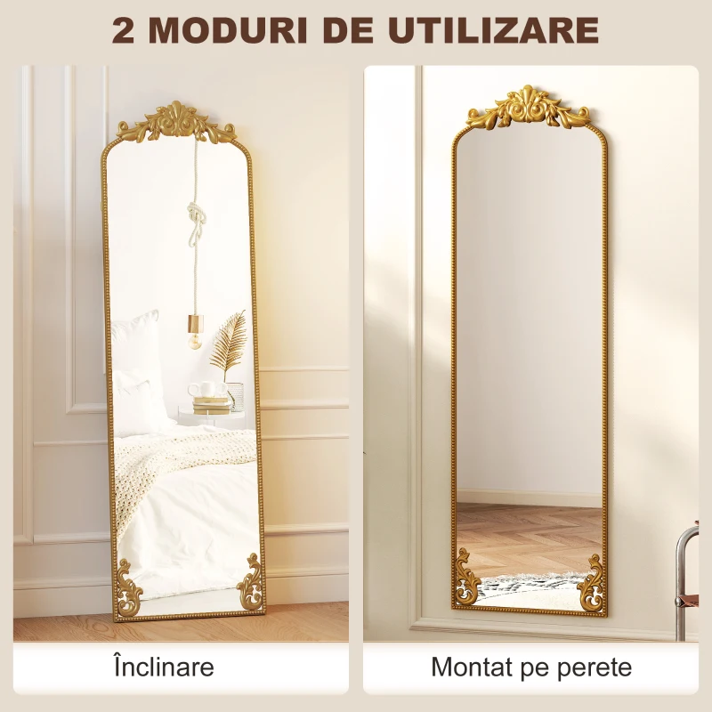 HOMCOM Oglindă de podea în stil baroc, din sticlă temperată și metal, 50x4.5x160 cm, aurie
