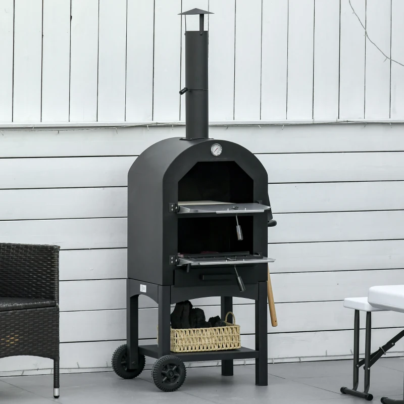 Outsunny Four à Pizza extérieur au Charbon de Bois - Barbecue sur roulettes - Four à Bois - Pierre réfractaire - cheminée, jauge température - Acier au Carbone Noir Gris