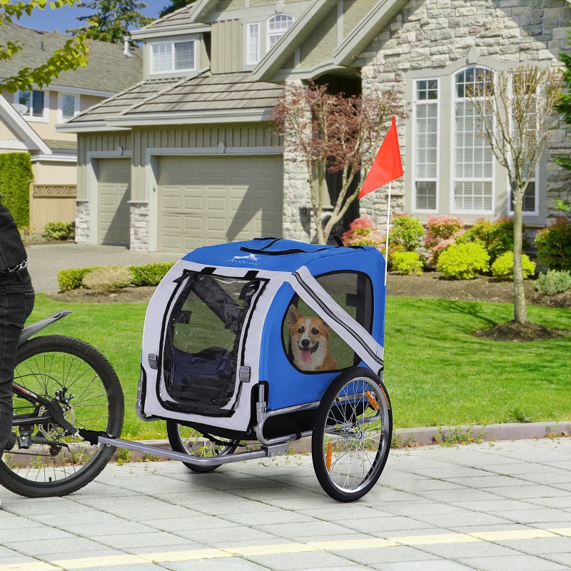 PawHut Remorque vélo pour chien animaux 8 réflecteurs drapeau barre attelage inclus 130 x 73 x 90 cm blanc et bleu