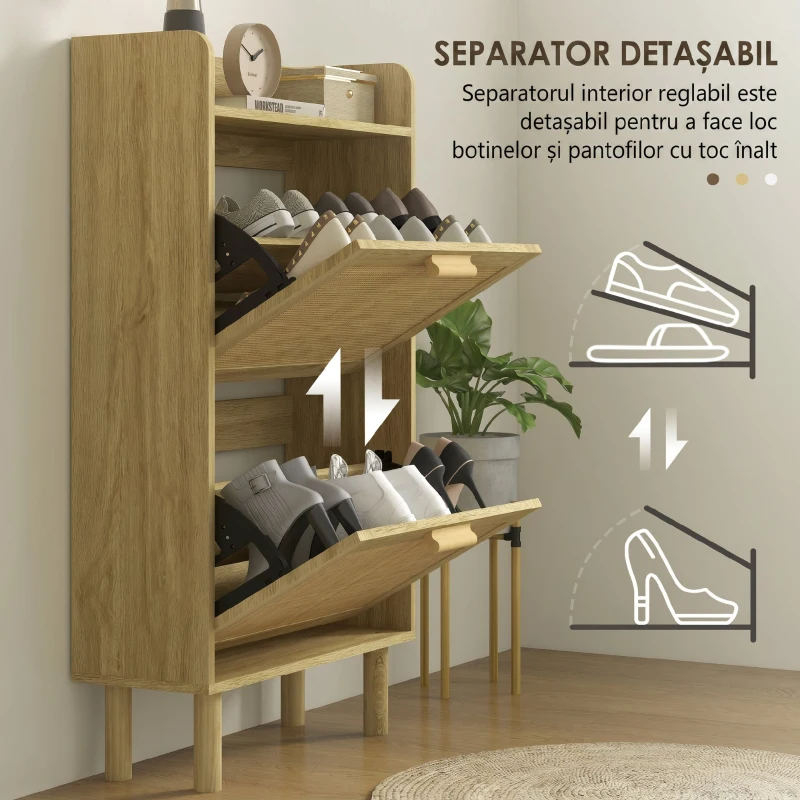 HOMCOM Dulap pentru Pantofi Slim pentru Hol, cu 2 Sertare Rabatabile, Rafturi Reglabile și Blat Superior, Stejar
