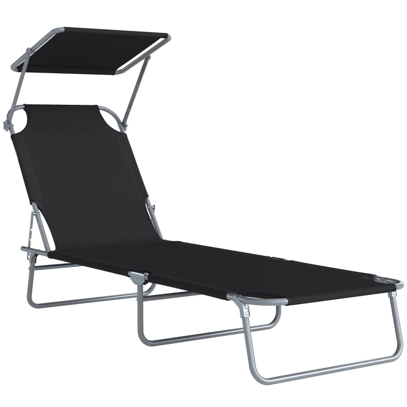 Outsunny Transat Bain de Soleil Pliable Chaise Longue Pliante Grand Confort Dossier Inclinable Multi-positions et Pare-Soleil réglable Dim. 187L x 58l x 36H cm Noir