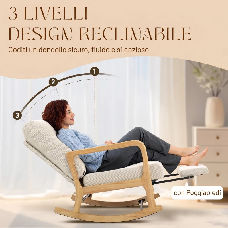 HOMCOM Sedia a Dondolo in Velluto a Coste con Poggiapiedi, Schienale Reclinabile, in Stile Scandinavo, Crema