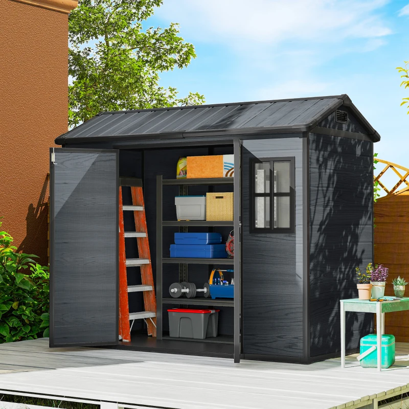 Outsunny 8 x 4 ft Resin Garden Shed, Wood-Effect Outdoor Storage Shed with Floor, Windows, Lockable Doors and Vents, Dark Grey