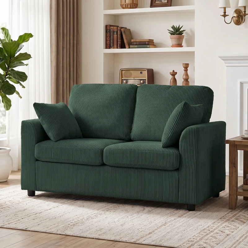 HOMCOM 2 Seater Sofa, Corduroy Small Couch with Spring Cushion, Wide and Deep Seat, Dark Green
