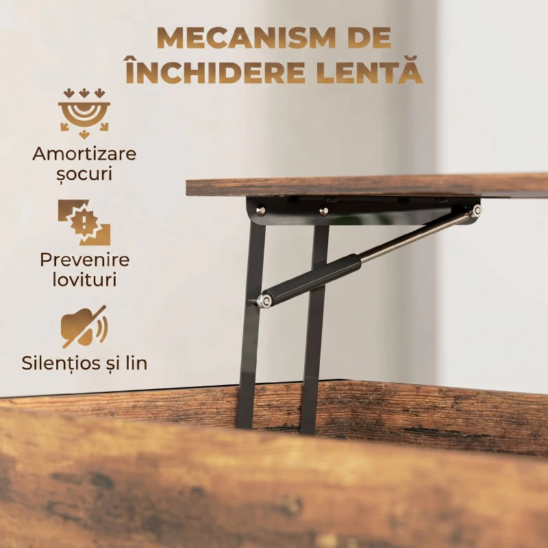 HOMCOM Masă de Cafea Ridicabilă cu Compartiment Ascuns și Raft Inferior în Stil Industrial, Maro