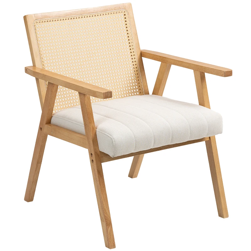 HOMCOM Fauteuil de salon en bois, chaise cannage avec dossier en rotin et coussin rembourré et accoudoirs, bois naturel
