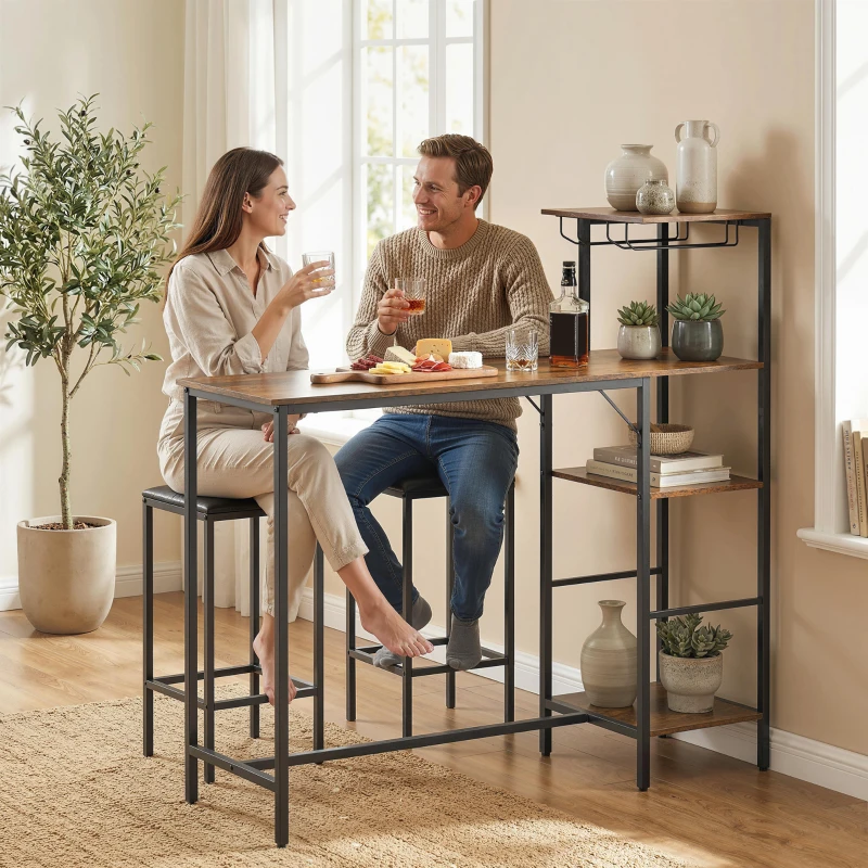 HOMCOM 3 Piece Breakfast Bar Table and Stools Set, Rustic Brown