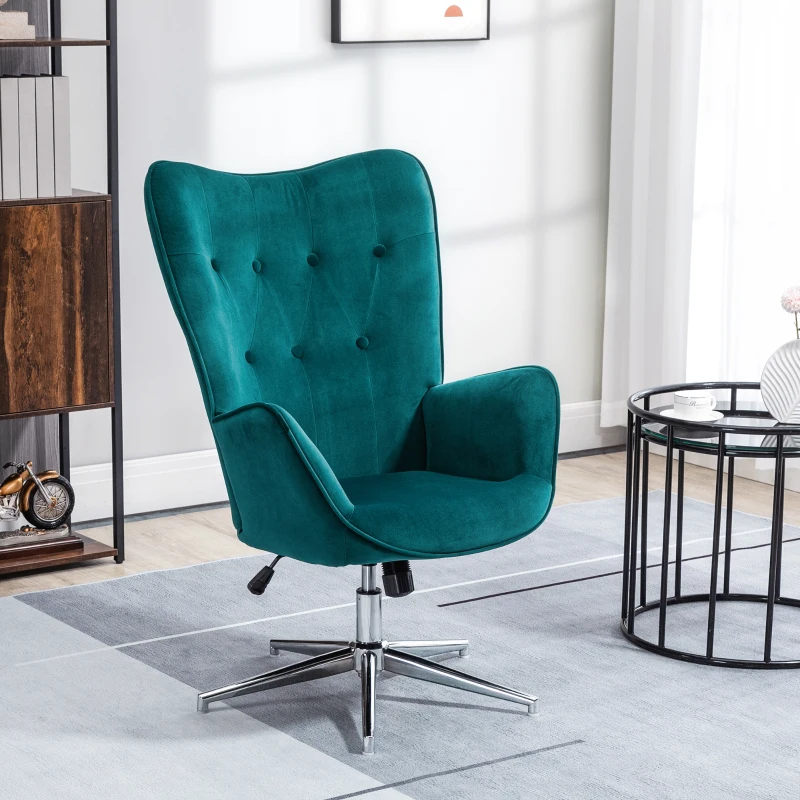 HOMCOM Fauteuil de salon pivotant avec hauteur réglable, dossier capitonné, tissu aspect velours, bleu