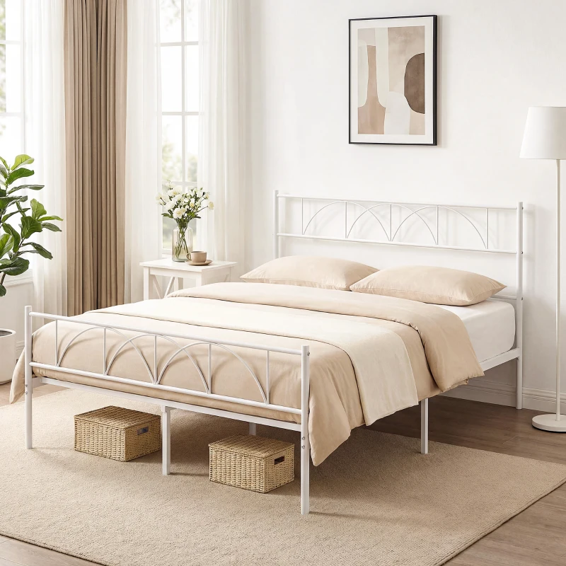 HOMCOM Cama de Casal com Cabeceira de Ripas de Aço e Espaço de Arrumação Debaixo da Cama Carga 330 kg 161,5x208x98 cm Branca