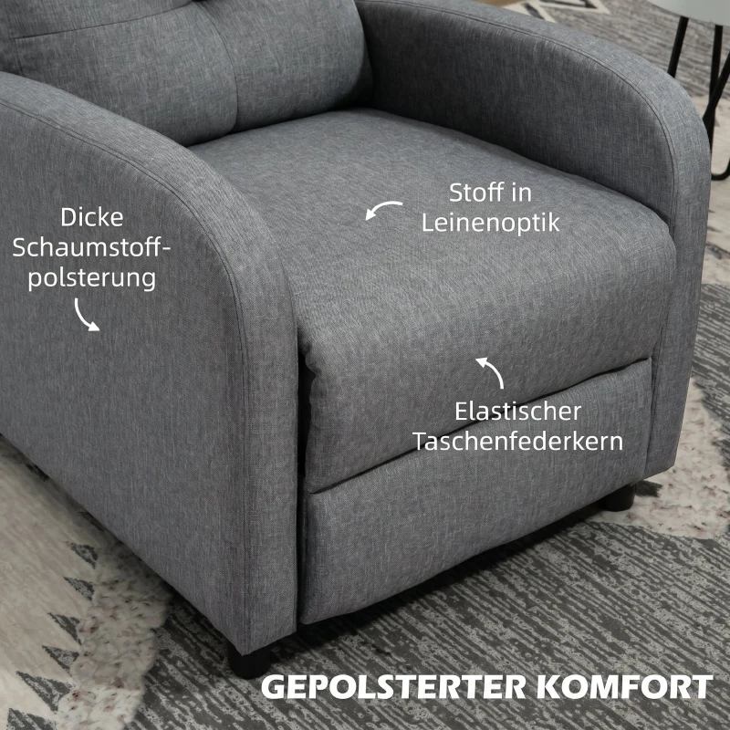 HOMCOM Fotoliu Reclinabil 155° max cu Tapițerie din Material Textil cu Aspect de In, Gri, și Suport pentru Picioare, 67x87x98 cm