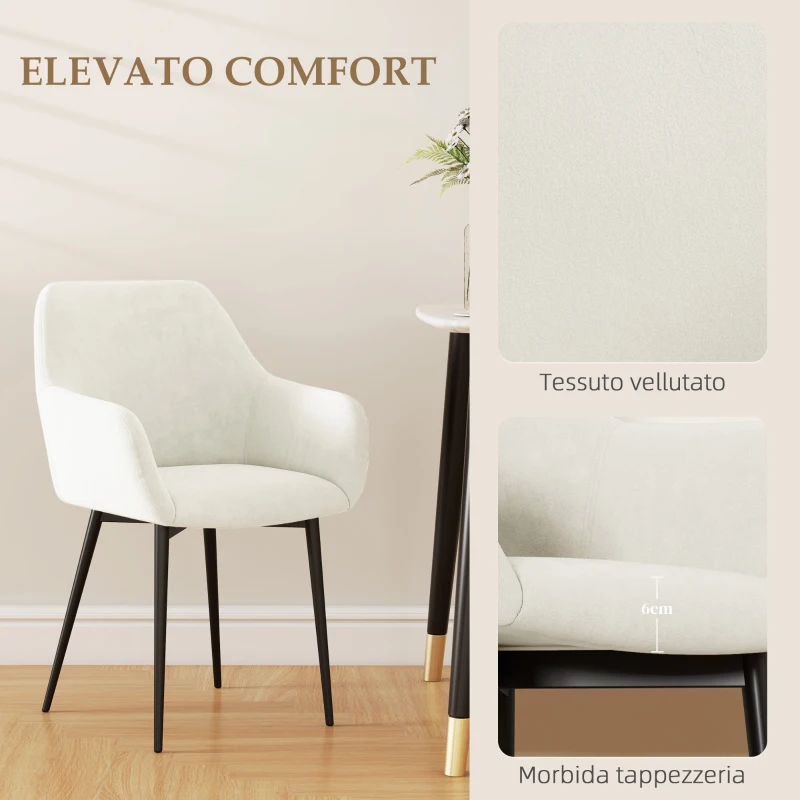 HOMCOM Set 2 Sedie da Pranzo Nordiche Imbottite con Braccioli Ricurvi in Tessuto Effetto Velluto, 54x57x80 cm, Crema