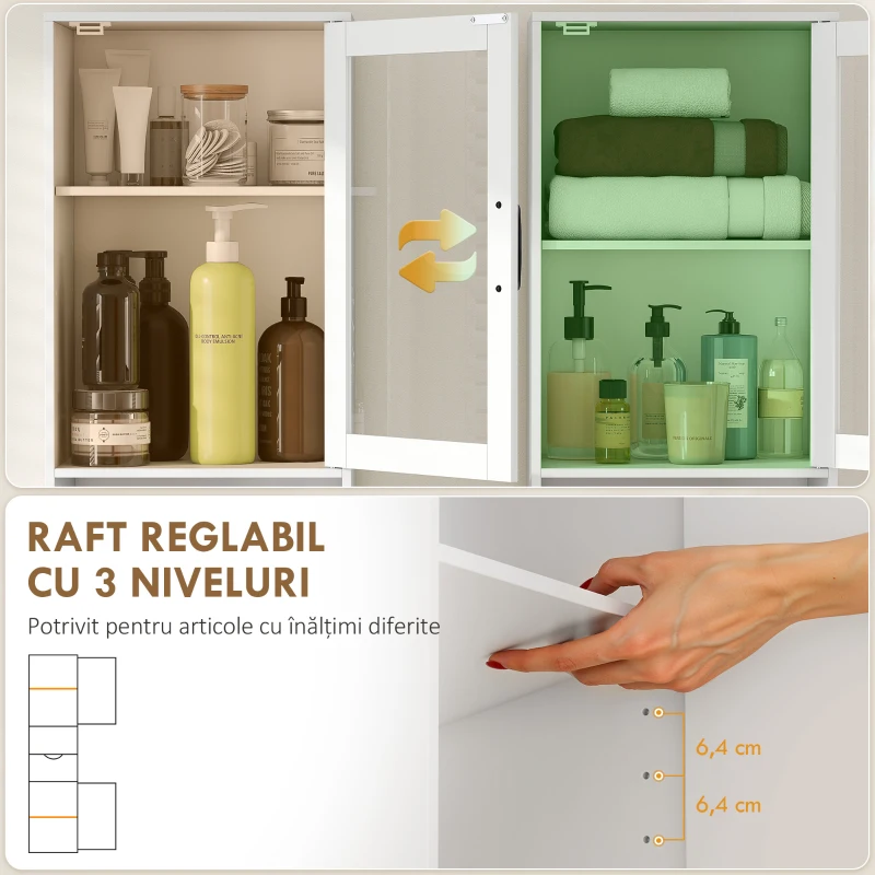 HOMCOM Mobilier Baie Slim cu Dulapuri și Ușă din Sticlă, Mobil Economisitor de Spațiu cu Raft Deschis, Sertar, Rafturi Reglabile, Coloană Modernă, 40x30x165 cm, Alb
