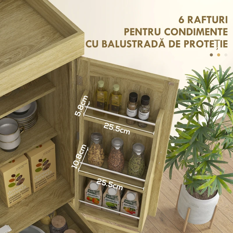HOMCOM Bufet de Bucătărie Stil Boho cu 2 Dulapuri, Sertar și Suport pentru Condimente din Lemn și Ratan, 76x40x183cm, Stejar