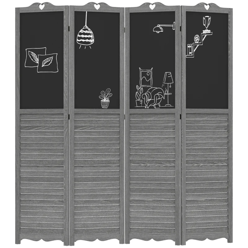 HOMCOM Biombo Separador de Ambientes Dobrável de 4 Painéis de Madeira com Quadros 162x172 cm Cinzento