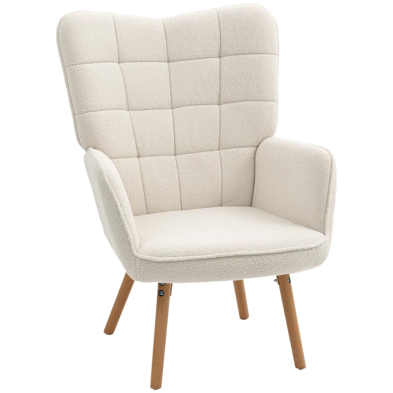 HOMCOM Modern Accent Chair, Upholstered High Back Armchair with Tufted Wingback, Seat Padding, Teddy Fleece Leisure Lounge Bedroom Chair with Wood Legs, Cream White