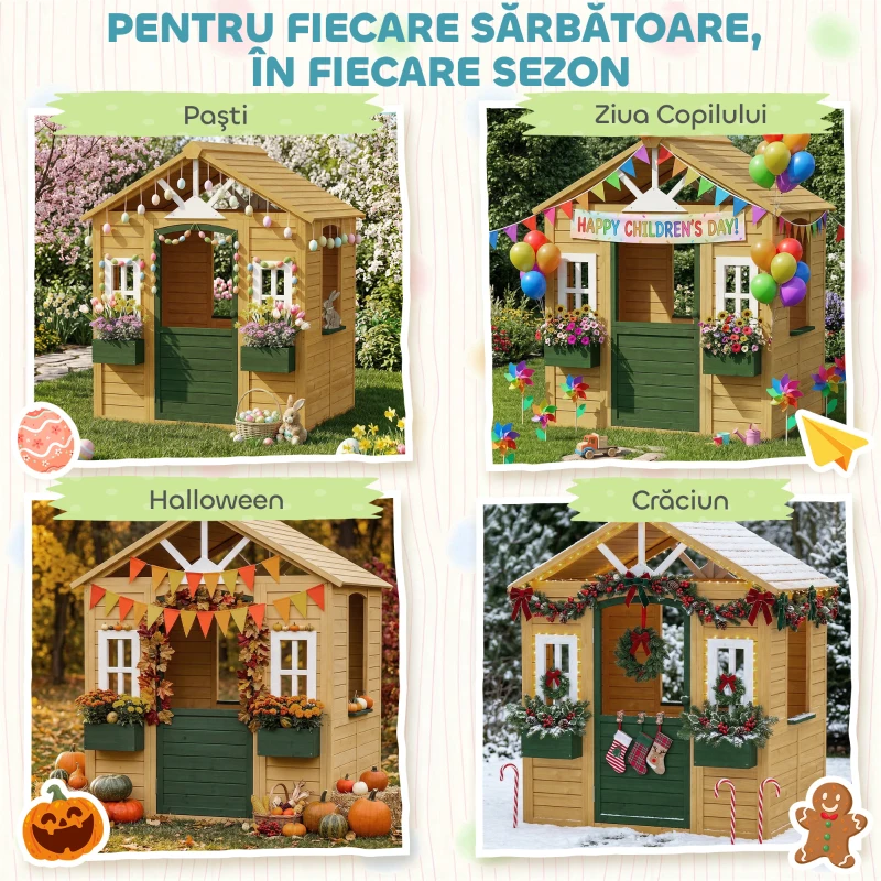 AIYAPLAY Căsuță de Grădină pentru Copii din Lemn de Molid, Căsuță de Exterior cu 3 Ferestre, 2 Jardiniere, Ușă și Acoperiș, pentru Copii 3-8 Ani, Interior și Exterior, 134.5x97x150 cm, Maro