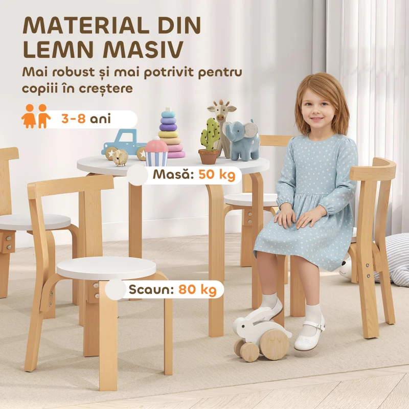 AIYAPLAY Set masă și scaune pentru copii 3-8 ani, 5 piese cu margini rotunjite, din lemn alb