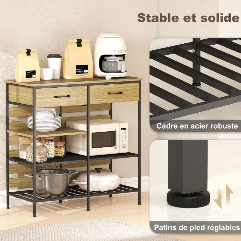 HOMCOM Buffet cuisine, meuble de rangement avec 2 tiroirs et 3 étagères ouvertes, 90 x 40 x 91 cm, bois naturel et noir