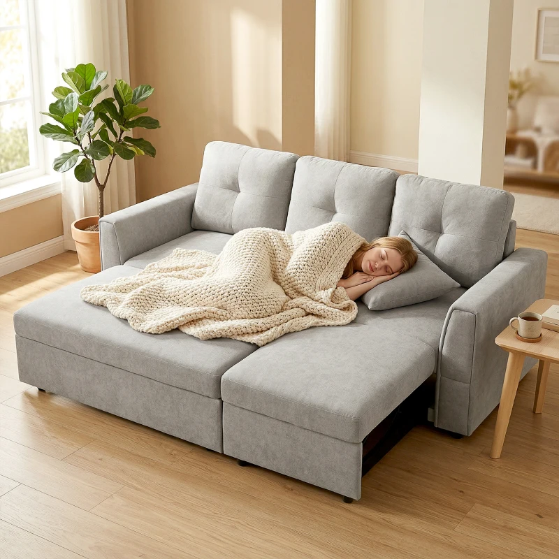 HOMCOM 3-Sitzer-Sofa mit Bettfunktion, Schlafsofa mit Chaiselongue, Polstersofa, Grau(m-9)
