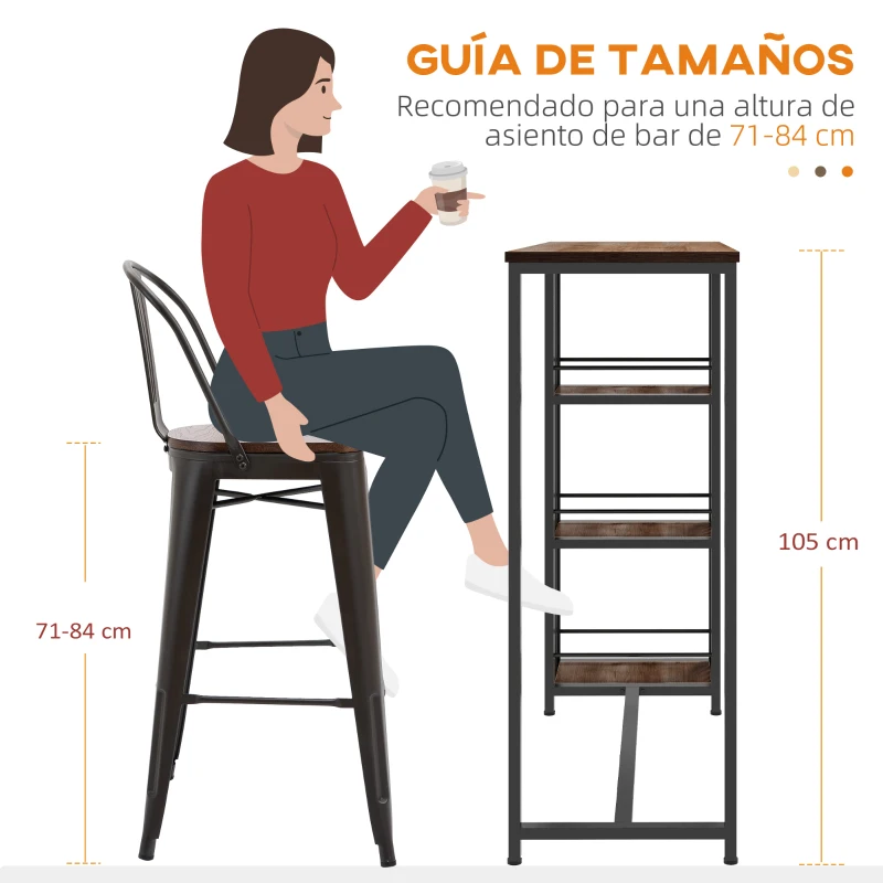 HOMCOM Mesa Alta Cocina con 3 Estantes Mesa Alta Bar para 2 Personas Patas de Acero para Salón 120x40x105 cm Marrón y Negro