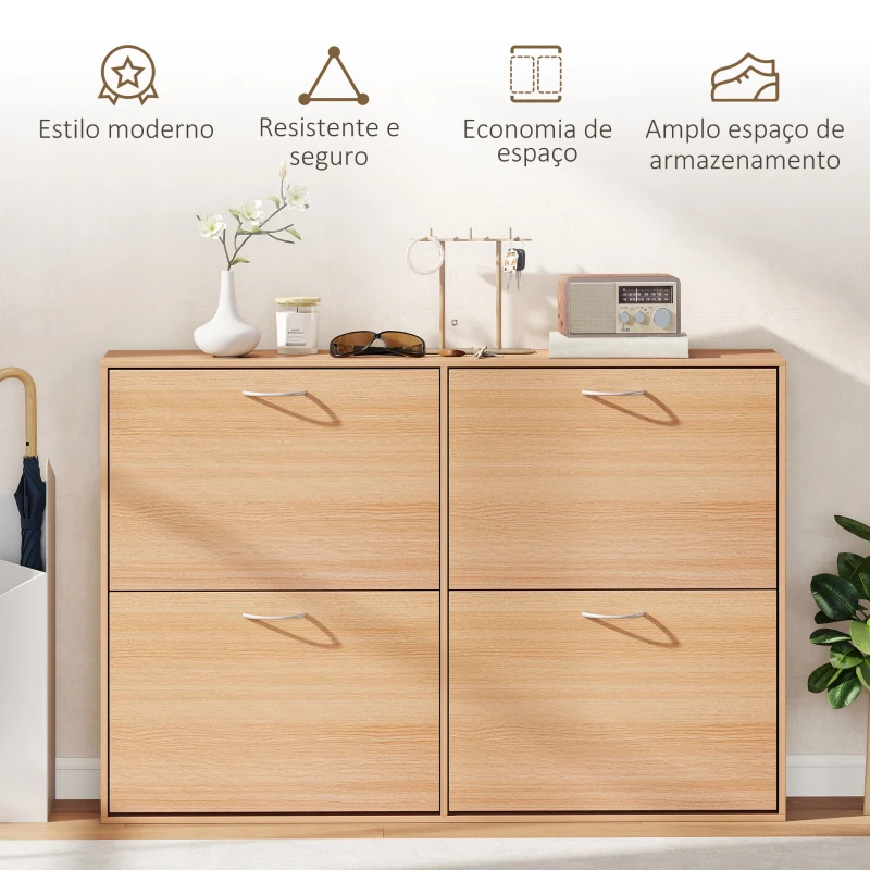 HOMCOM Sapateira Moderna com 4 Gavetas Abatíveis e Prateleiras Ajustáveis para 16-24 Pares de Sapatos 120x24x81 cm Madeira