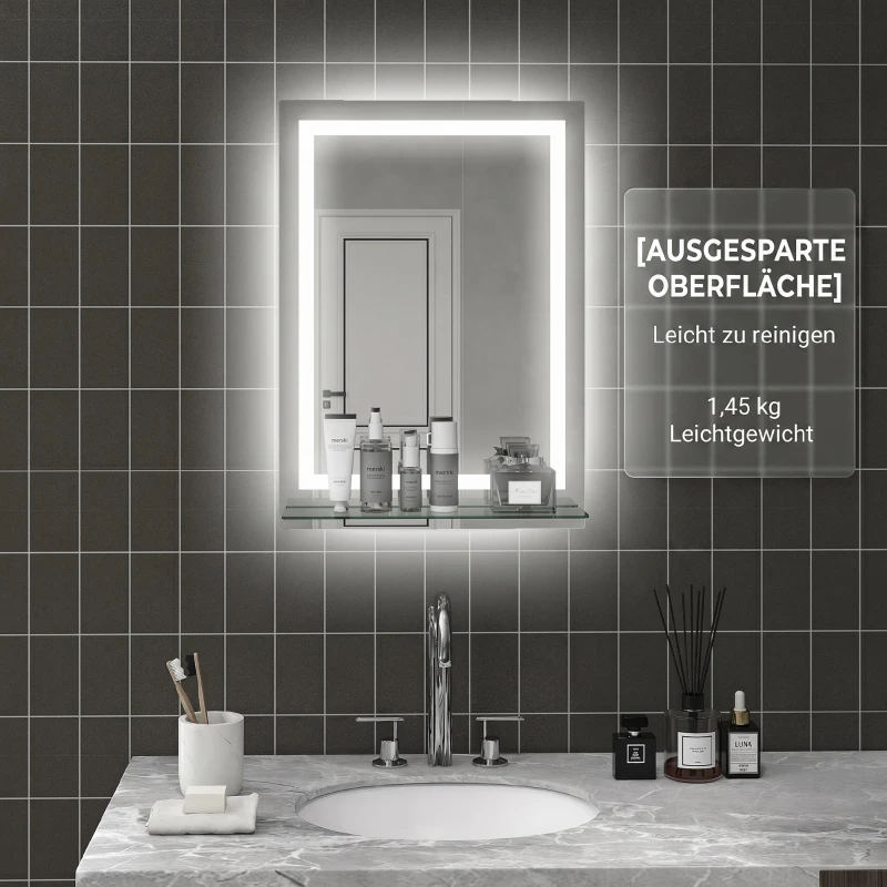 kleankin Oglindă de baie cu lumini LED reglabilă în 3 culori, cu raft din sticlă, 50x12x70 cm, argintiu