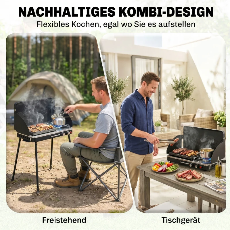Outsunny Tragbarer Gasgrill 2 Brenner 7 kW 2-in-1 Tischgrill mit Braten klappbar Beinen Grillrost Windschutz Deckel Verschluss