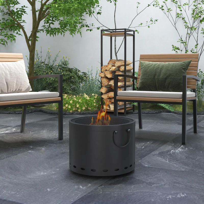Outsunny Smokeless Fire Pit, 38cm Portable Wood Burning Firepit with Spark Screen and Poker, Low Smoke Camping Bonfire Stove for Garden Patio Picnic, Dark Grey