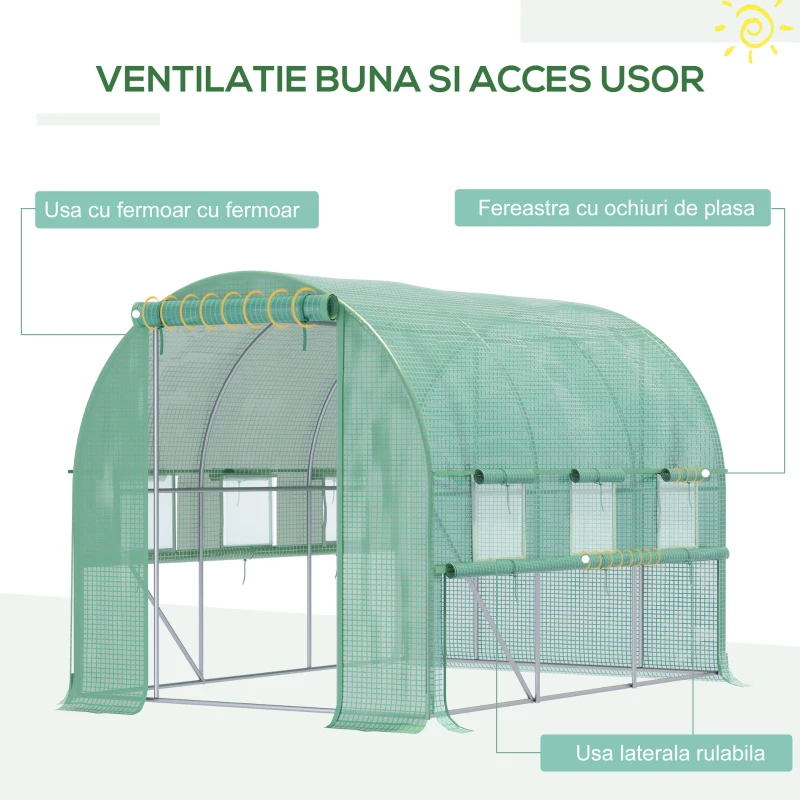 Outsunny Seră pentru Grădină 3X2X2m din Oțel și Acoperire pe, UșI cu Fermoar șI Ferestre cu Plasă, Verde