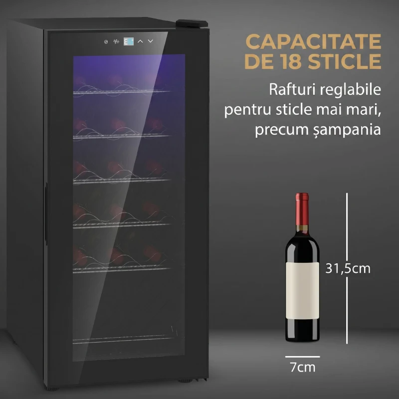 HOMCOM Frigider pentru Vinuri cu Capacitate de 18 Sticle, Display Digital, Lumină LED și Control al Temperaturii, Negru