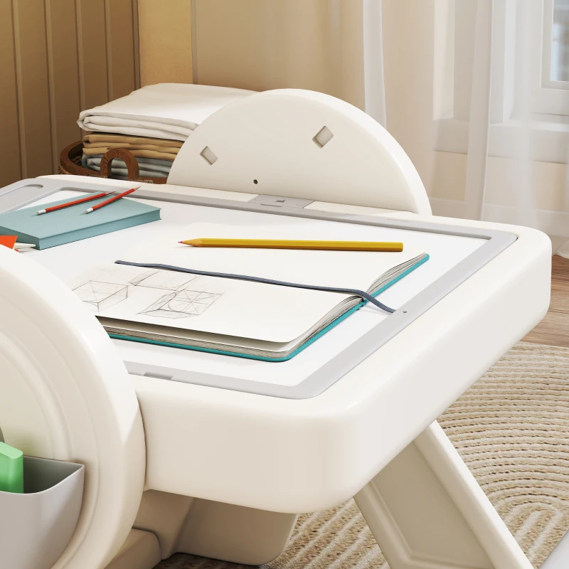 AIYAPLAY Tavolo Multiuso per Bambini con Ripiano Contenitore e Cassetti, in HDPE e PP, Grigio e Bianco