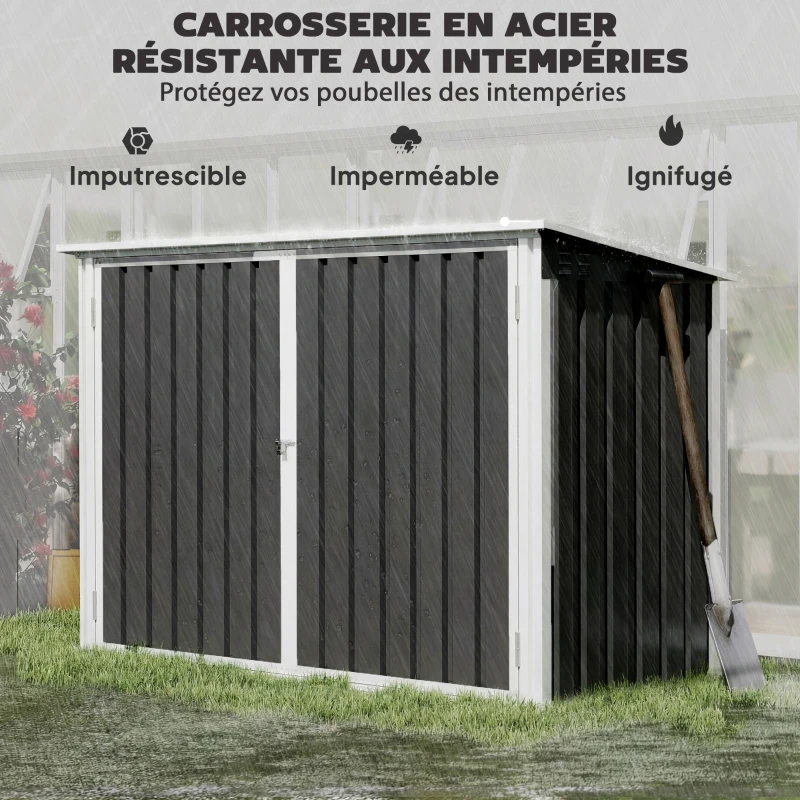 Outsunny Cache Poubelle Double Abri de Jardin 2 Poubelles de 240L Couvercle Lié par Chaînes Vérins à Gaz 179,5x108x129,5cm Gris