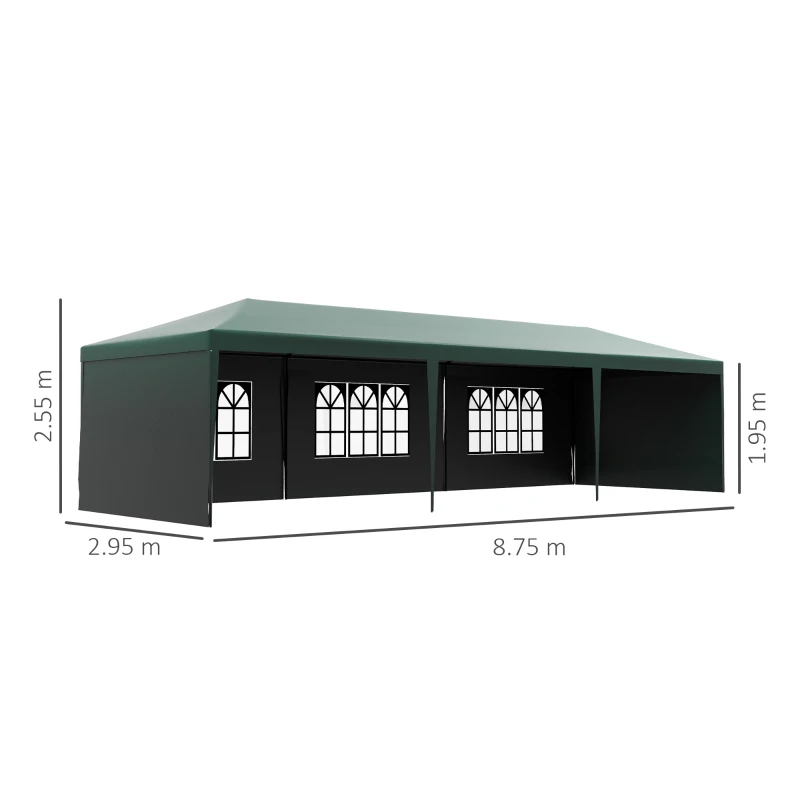 Outsunny 9 x 3 m Party Tent Gazebo Marquee Outdoor Patio Canopy Shelter with Windows and Side Panels Dark Green