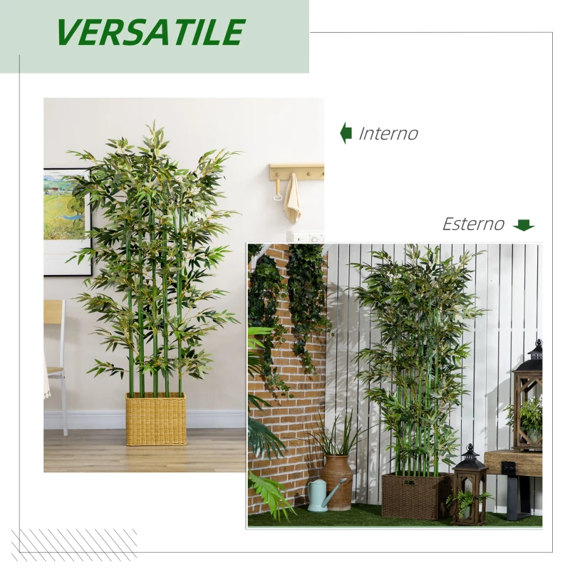HOMCOM Pianta di Bambù Artificiale Alta 180 cm da 1640 Foglie con Base in Legno di Pino 35x10x10 cm, Verde