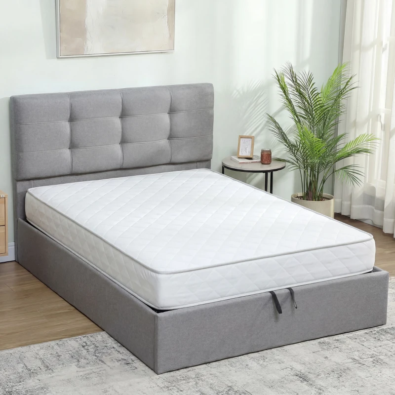 HOMCOM Lit coffre 140x190, cadre de lit double rembourré avec sommier à lattes en bois et rangement cach, sans matelas, gris