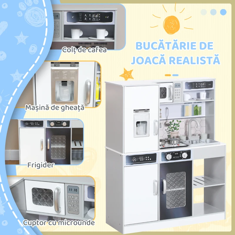 AIYAPLAY Set Bucătărie de Jucărie din Lemn cu Arzător cu Lumini și Sunete, Chiuvetă cu Circuit de Apă și Accesorii, Alb