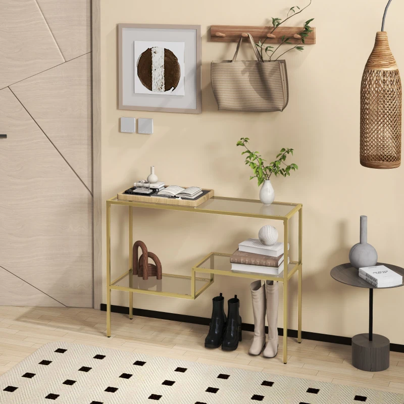 HOMCOM Consolle da Ingresso a 3 Ripiani in Acciaio e Vetro Temperato, 100x32x76 cm, Oro