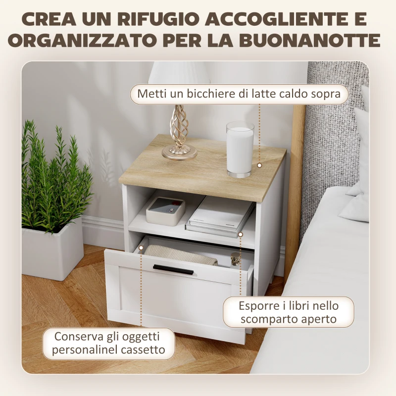 HOMCOM Comodino Moderno Minimal con Cassetto e Ripiano Aperto, in Legno, 45x38x50 cm, Bianco e color Legno